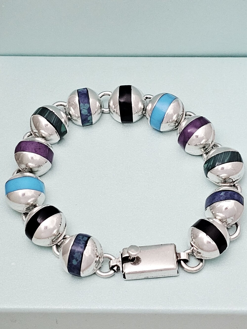 Silpada Super Rare🦄Sterling Silver Multi-Stone Inlay Flat Bead Bracelet HB017